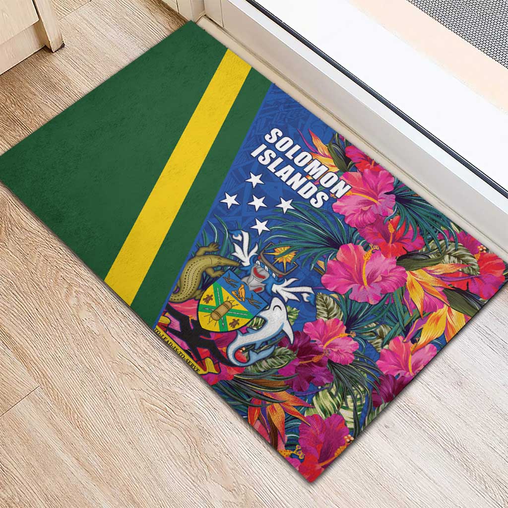 Solomon Islands Independence Day Rubber Doormat Coat Of Arms With Tropical Flowers