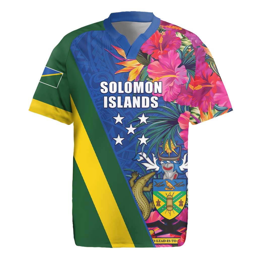 Solomon Islands Independence Day Rugby Jersey Coat Of Arms With Tropical Flowers