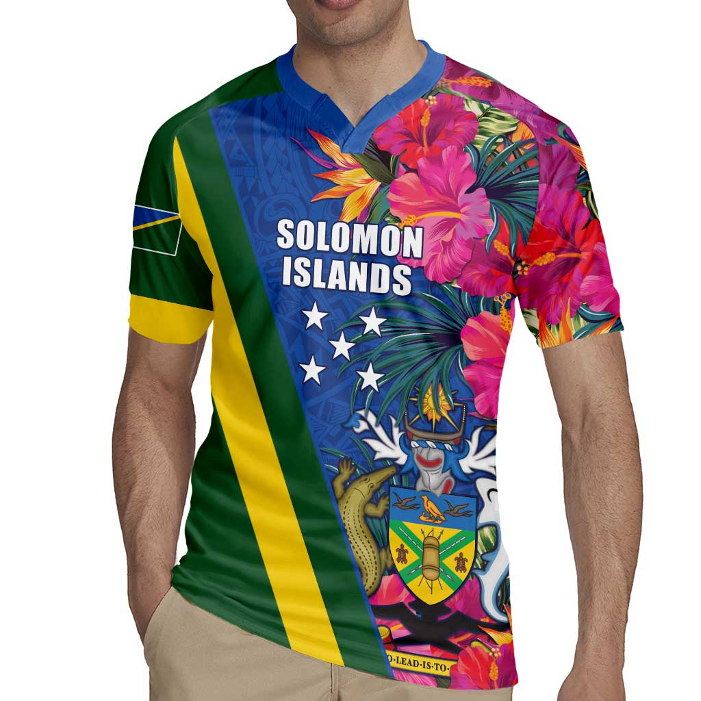 Solomon Islands Independence Day Rugby Jersey Coat Of Arms With Tropical Flowers