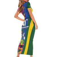 Solomon Islands Independence Day Short Sleeve Bodycon Dress Coat Of Arms With Tropical Flowers