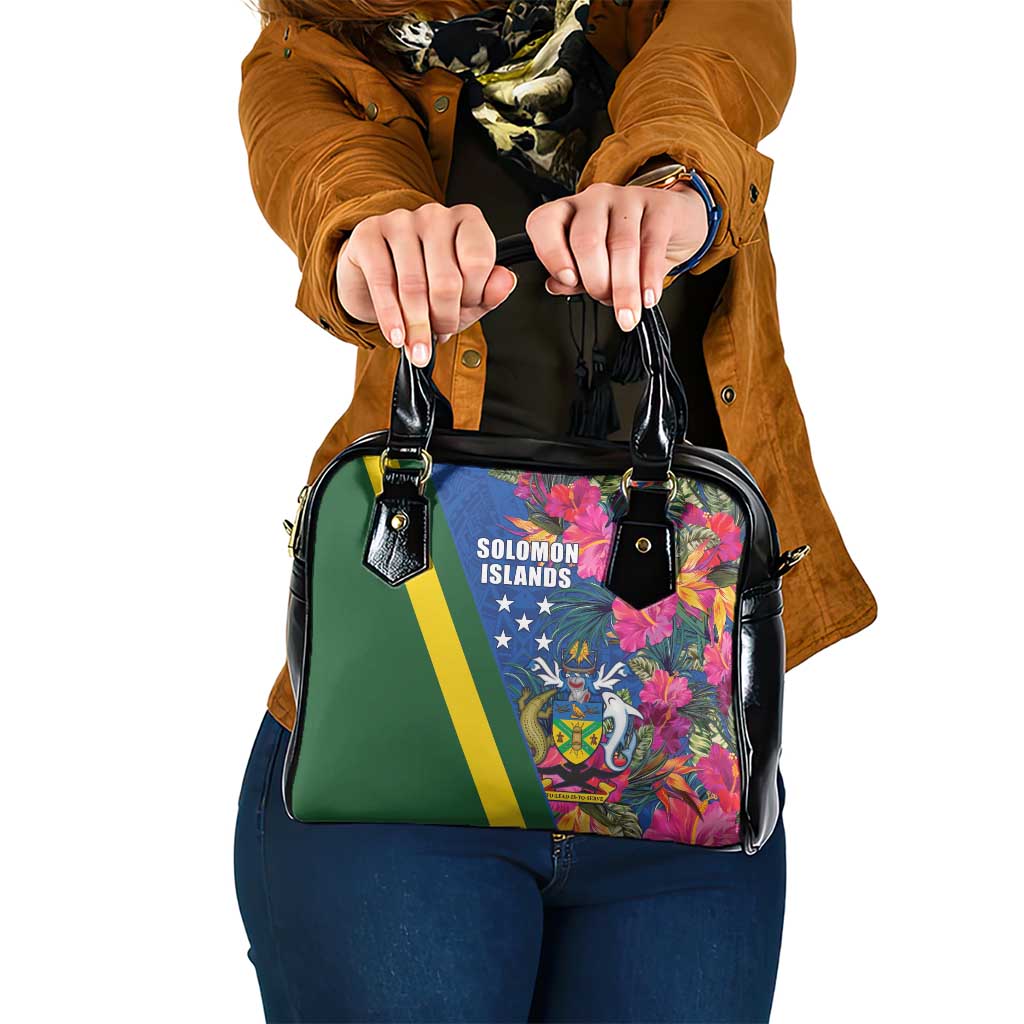 Solomon Islands Independence Day Shoulder Handbag Coat Of Arms With Tropical Flowers