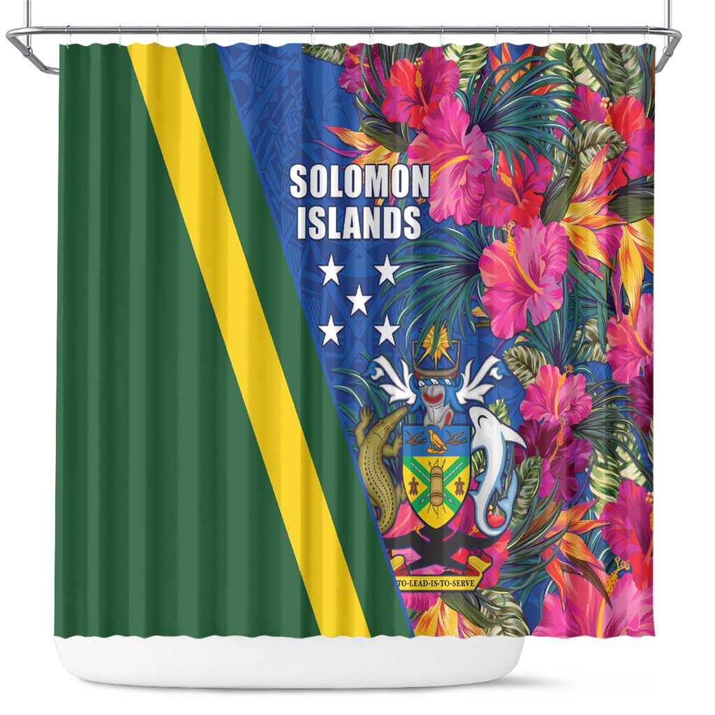 Solomon Islands Independence Day Shower Curtain Coat Of Arms With Tropical Flowers