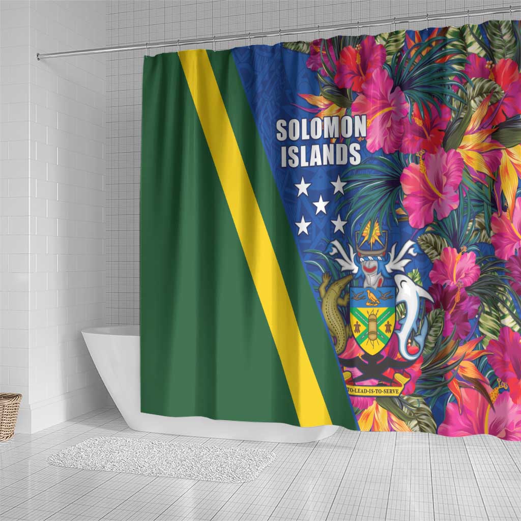 Solomon Islands Independence Day Shower Curtain Coat Of Arms With Tropical Flowers