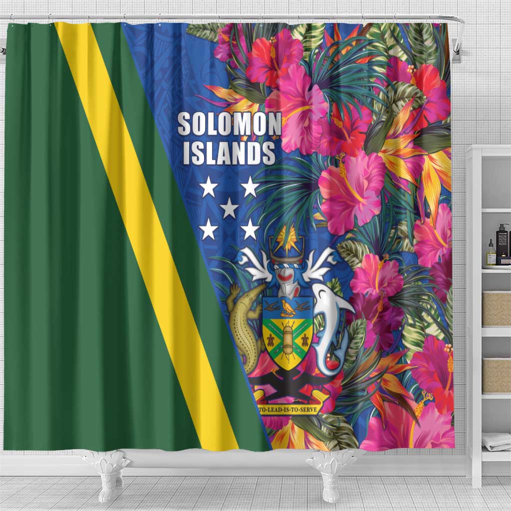 Solomon Islands Independence Day Shower Curtain Coat Of Arms With Tropical Flowers