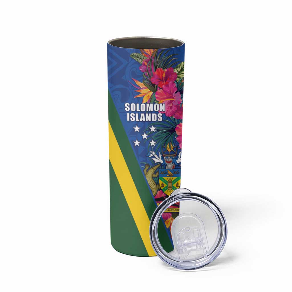 Solomon Islands Independence Day Skinny Tumbler Coat Of Arms With Tropical Flowers