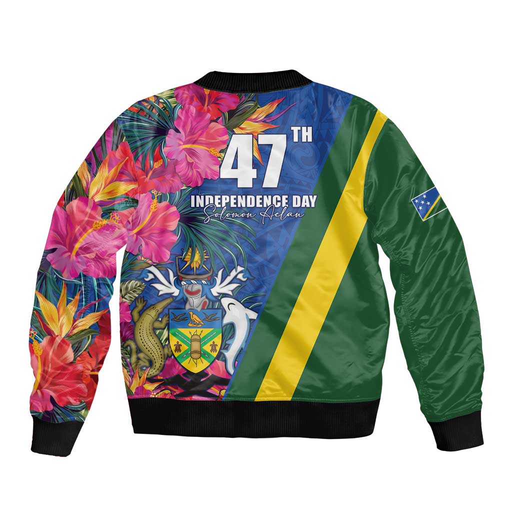 Solomon Islands Independence Day Sleeve Zip Bomber Jacket Coat Of Arms With Tropical Flowers