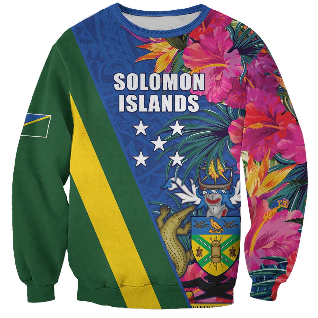 Solomon Islands Independence Day Sweatshirt Coat Of Arms With Tropical Flowers