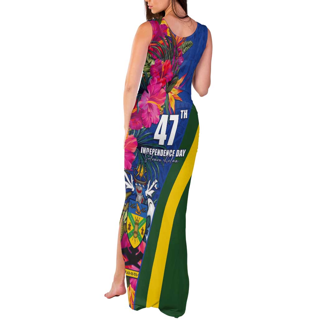 Solomon Islands Independence Day Tank Maxi Dress Coat Of Arms With Tropical Flowers