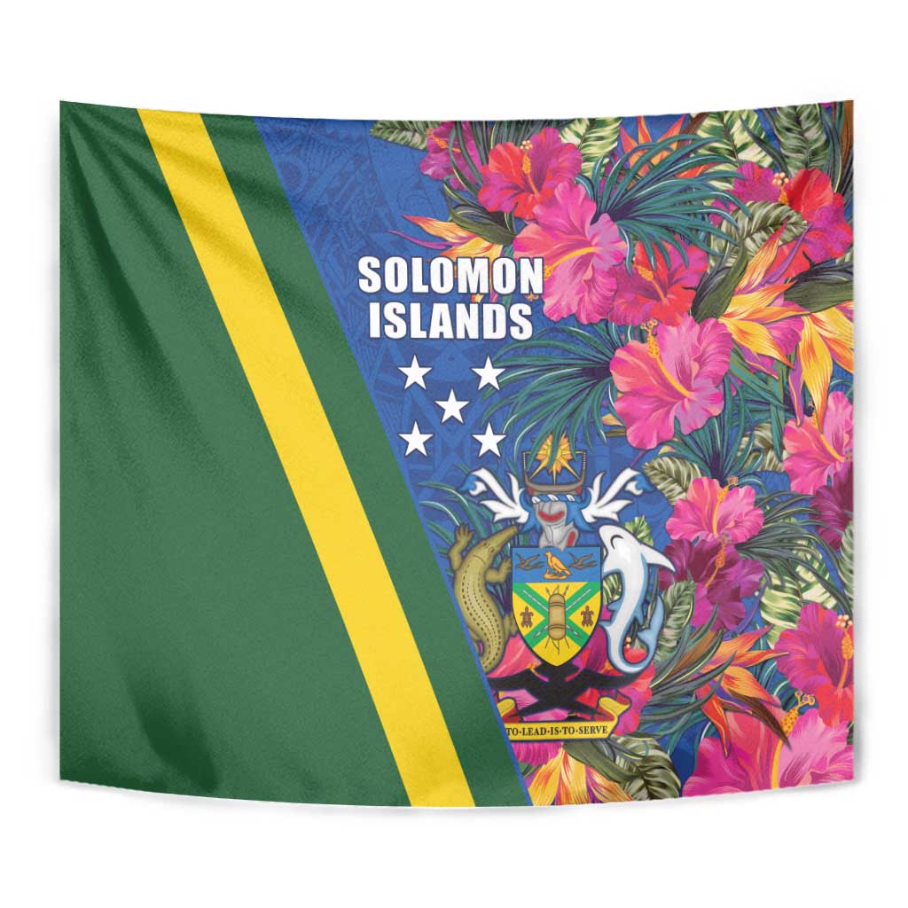Solomon Islands Independence Day Tapestry Coat Of Arms With Tropical Flowers