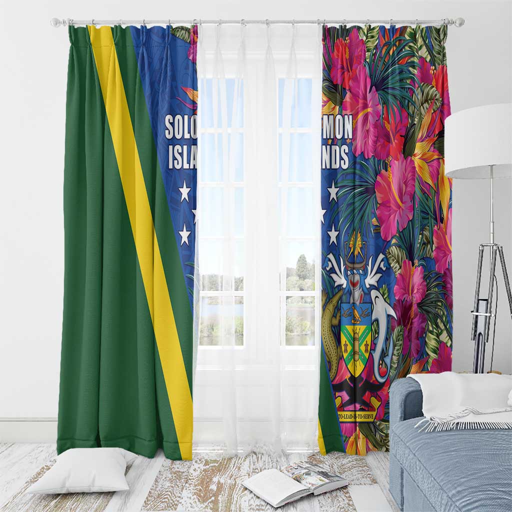 Solomon Islands Independence Day Window Curtain Coat Of Arms With Tropical Flowers