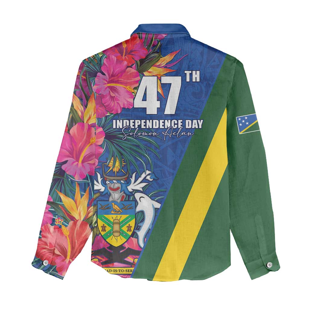 Solomon Islands Independence Day Women Casual Shirt Coat Of Arms With Tropical Flowers