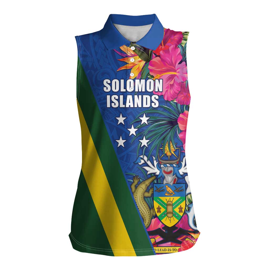 Solomon Islands Independence Day Women Sleeveless Polo Shirt Coat Of Arms With Tropical Flowers