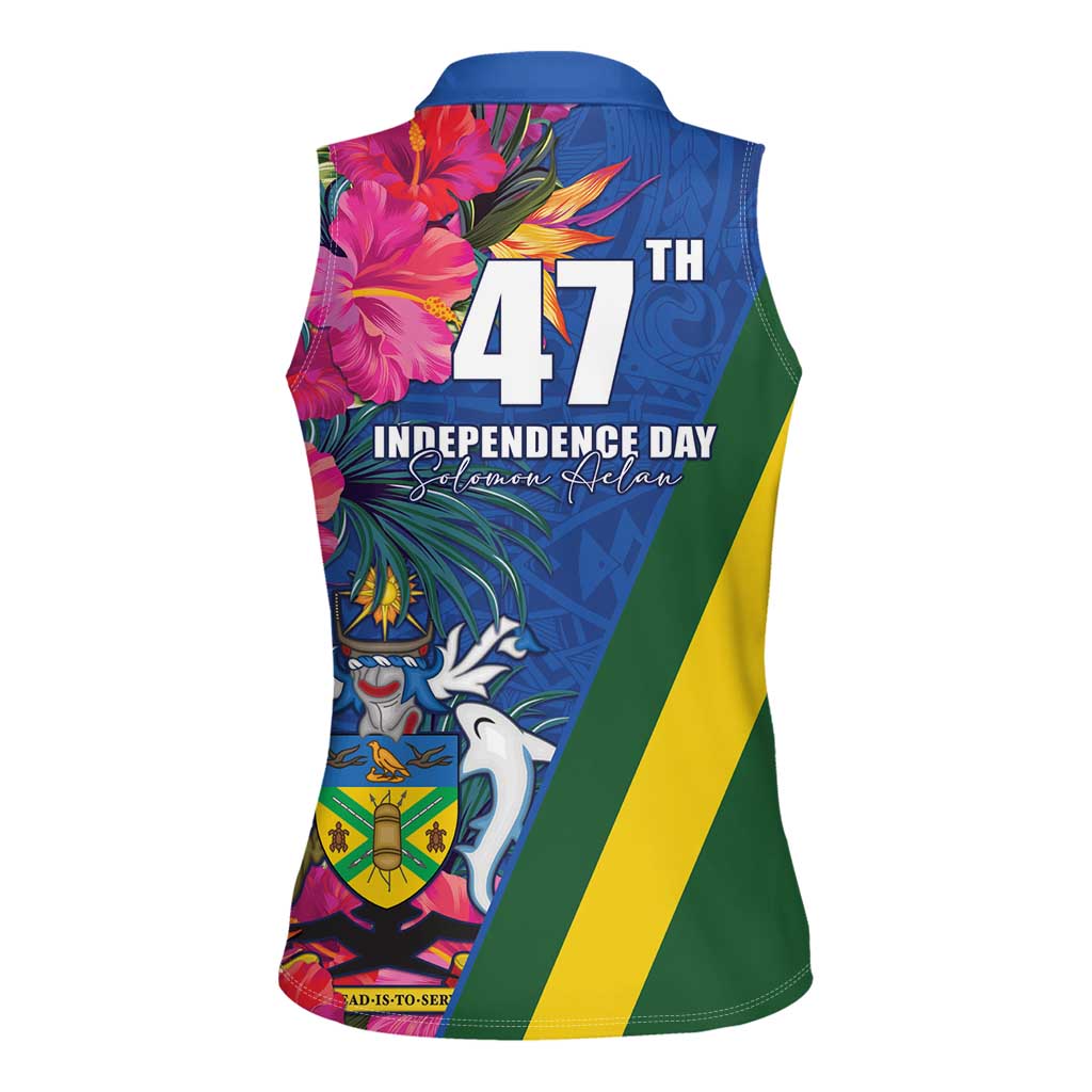 Solomon Islands Independence Day Women Sleeveless Polo Shirt Coat Of Arms With Tropical Flowers