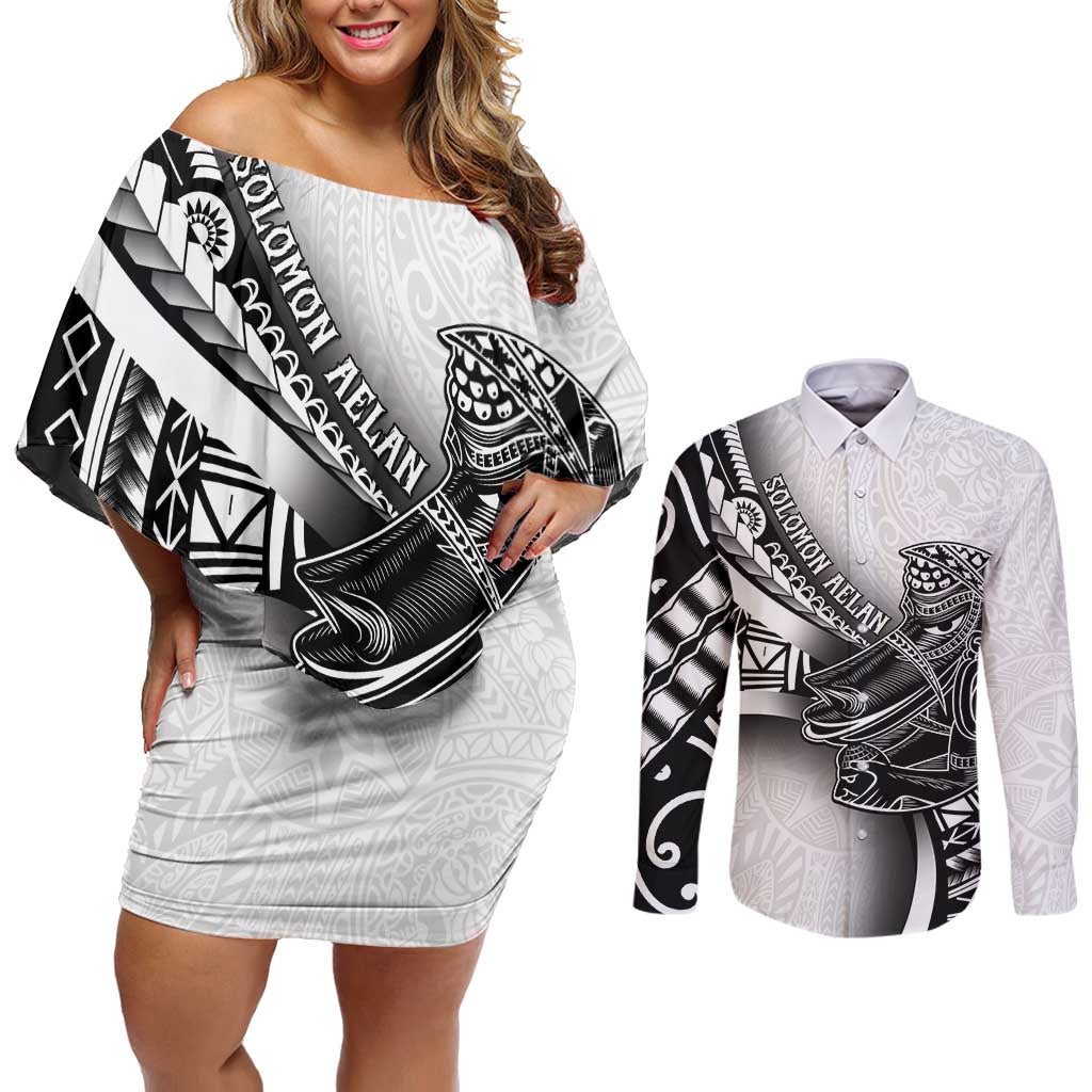 Solomon Islands Nguzunguzu Couples Matching Off Shoulder Short Dress and Long Sleeve Button Shirt Polynesian Tribal Pattern