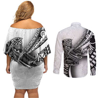 Solomon Islands Nguzunguzu Couples Matching Off Shoulder Short Dress and Long Sleeve Button Shirt Polynesian Tribal Pattern