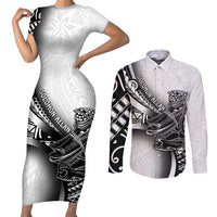 Solomon Islands Nguzunguzu Couples Matching Short Sleeve Bodycon Dress and Long Sleeve Button Shirt Polynesian Tribal Pattern