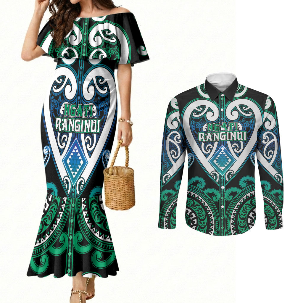 Custom Aotearoa Ngati Ranginui Couples Matching Mermaid Dress and Long Sleeve Button Shirt Maori Tribal Pattern LT05 Cyan - Polynesian Pride