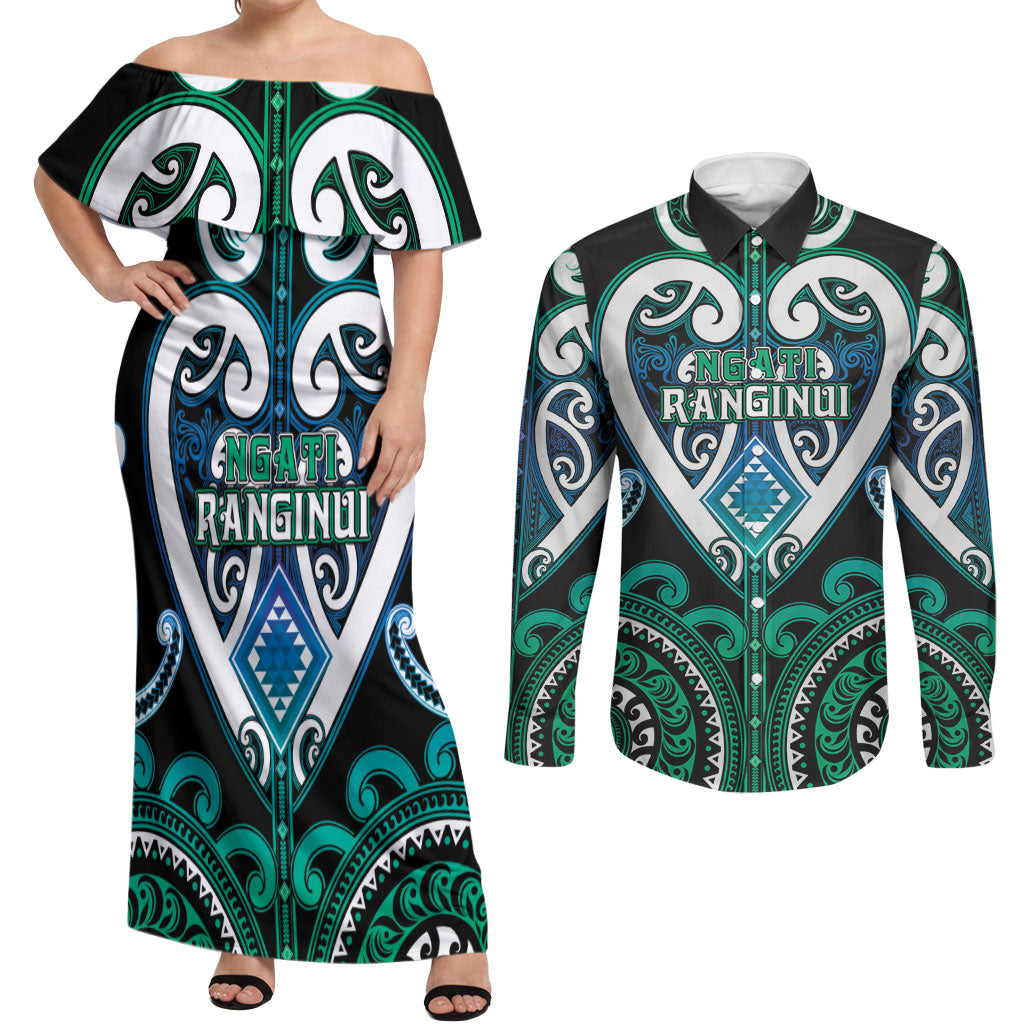 Custom Aotearoa Ngati Ranginui Couples Matching Off Shoulder Maxi Dress and Long Sleeve Button Shirt Maori Tribal Pattern LT05 Cyan - Polynesian Pride