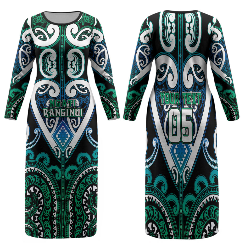 Custom Aotearoa Ngati Ranginui Family Matching Long Sleeve Bodycon Dress and Hawaiian Shirt Maori Tribal Pattern LT05 Mom's Dress Cyan - Polynesian Pride