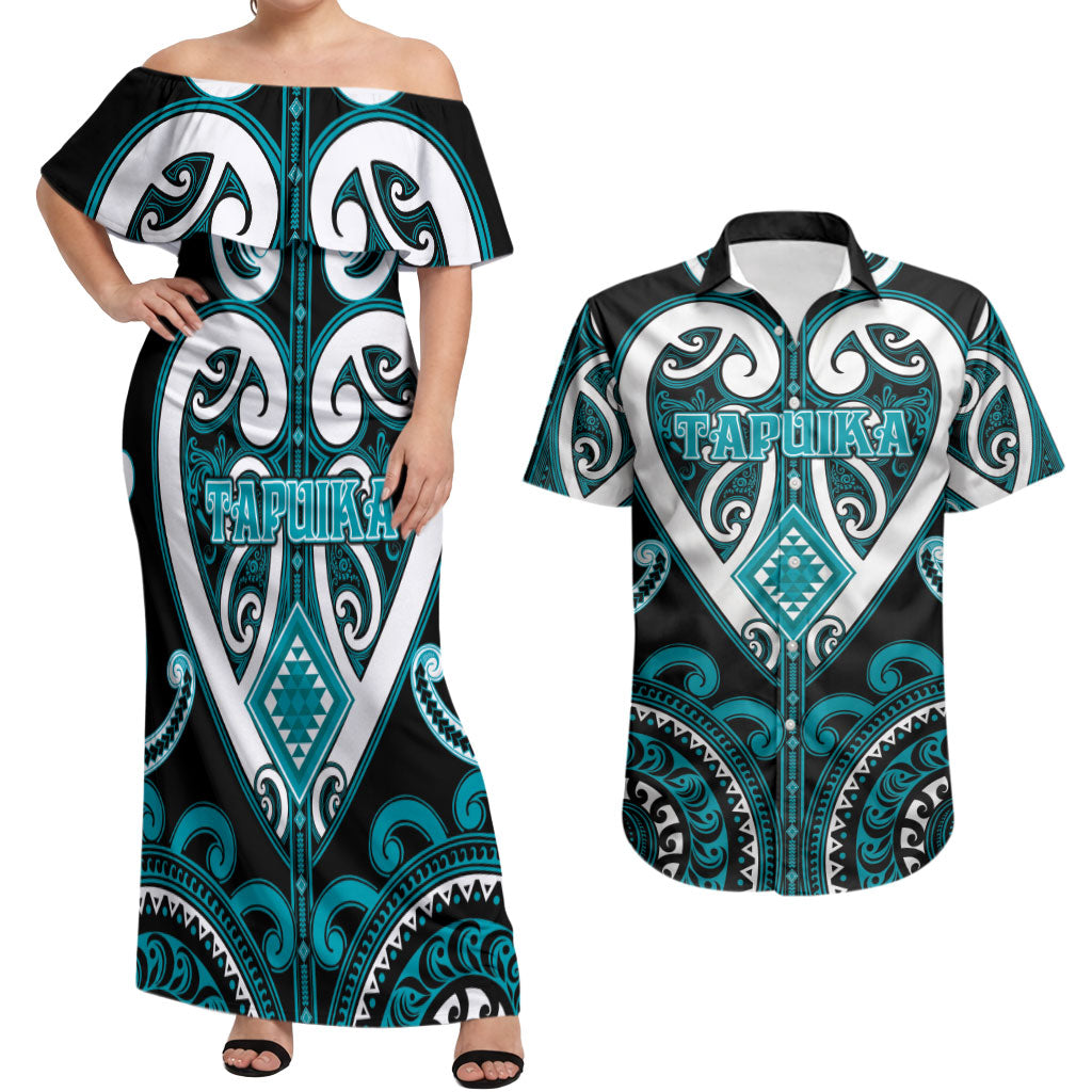 Custom Aotearoa Tapuika Couples Matching Off Shoulder Maxi Dress and Hawaiian Shirt Maori Tribal Pattern LT05 Teal - Polynesian Pride