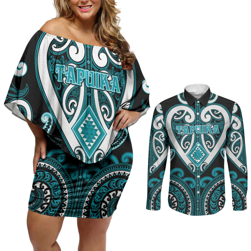Custom Aotearoa Tapuika Couples Matching Off Shoulder Short Dress and Long Sleeve Button Shirt Maori Tribal Pattern LT05 Teal - Polynesian Pride