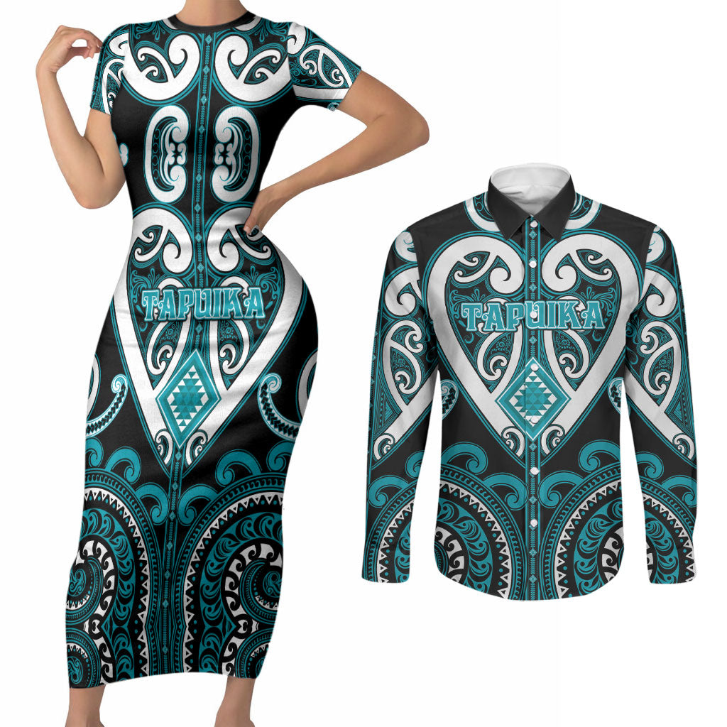 Custom Aotearoa Tapuika Couples Matching Short Sleeve Bodycon Dress and Long Sleeve Button Shirt Maori Tribal Pattern LT05 Teal - Polynesian Pride