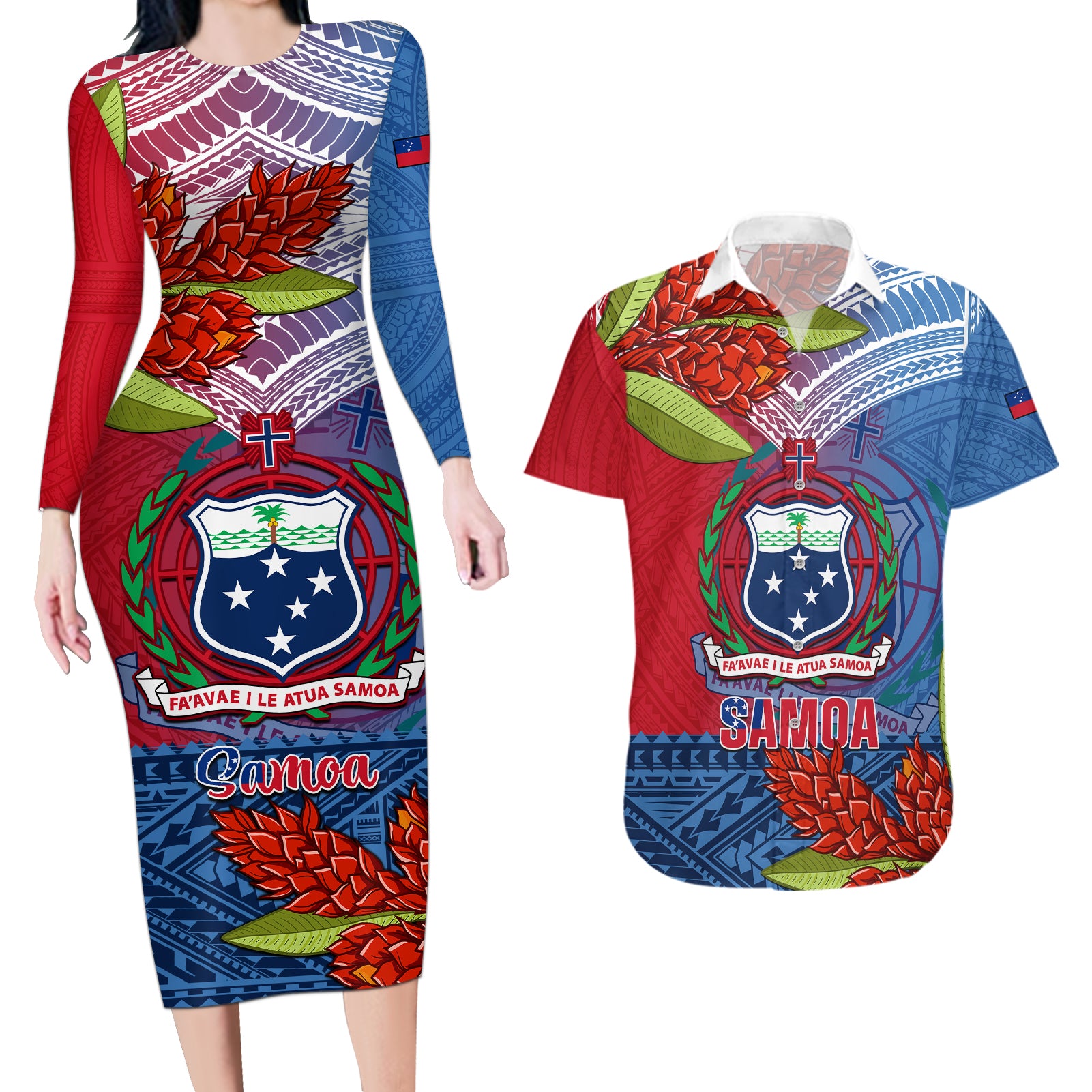 Personalized Samoa Couples Matching Long Sleeve Bodycon Dress and Hawaiian Shirt Teuila Torch Ginger Mix Polynesian Tribal LT05 Blue - Polynesian Pride