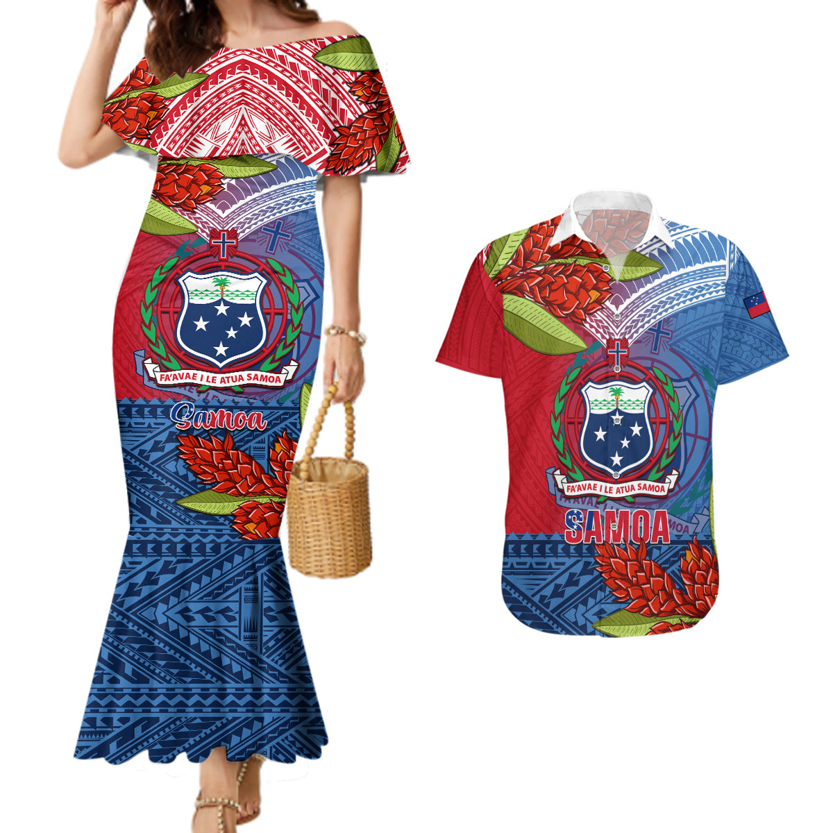 Personalized Samoa Couples Matching Mermaid Dress and Hawaiian Shirt Teuila Torch Ginger Mix Polynesian Tribal LT05 Blue - Polynesian Pride