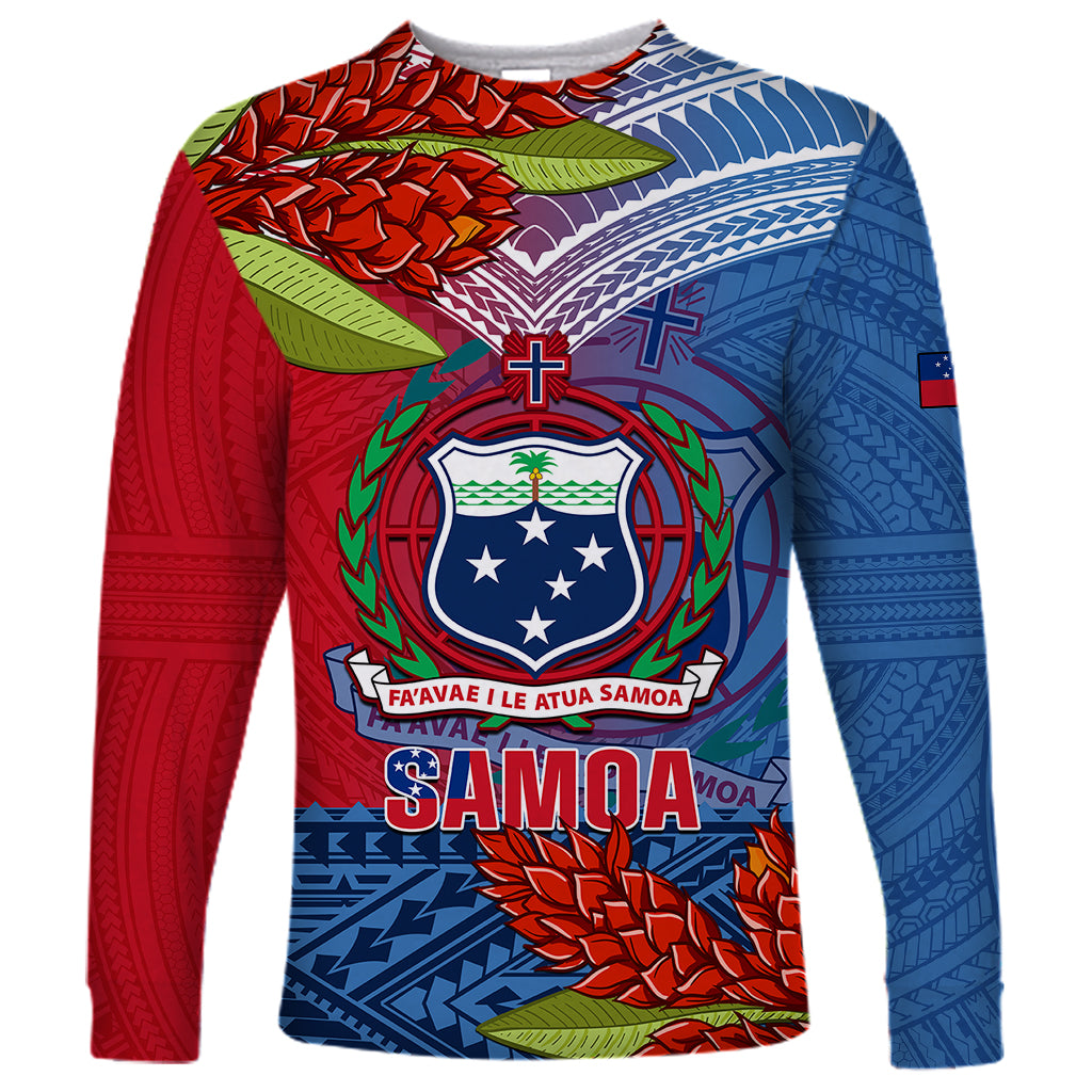 Personalized Samoa Long Sleeve Shirt Teuila Torch Ginger Mix Polynesian Tribal LT05 Unisex Blue - Polynesian Pride