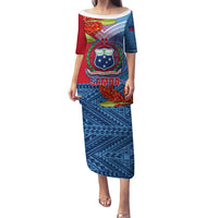 Personalized Samoa Puletasi Teuila Torch Ginger Mix Polynesian Tribal LT05 Long Dress Blue - Polynesian Pride