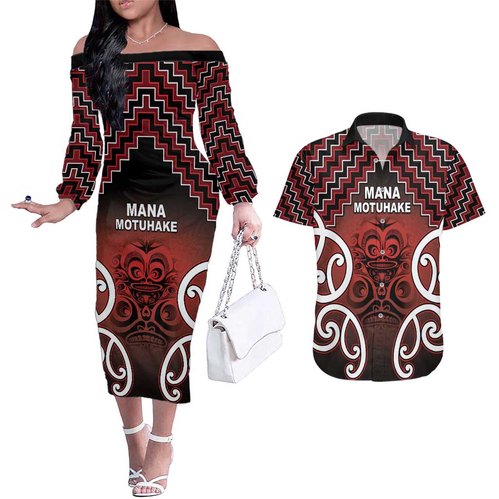 Personalised Aotearoa Mana Motuhake Couples Matching Off The Shoulder Long Sleeve Dress and Hawaiian Shirt Poutama With Maori Pattern - Polynesian Pride