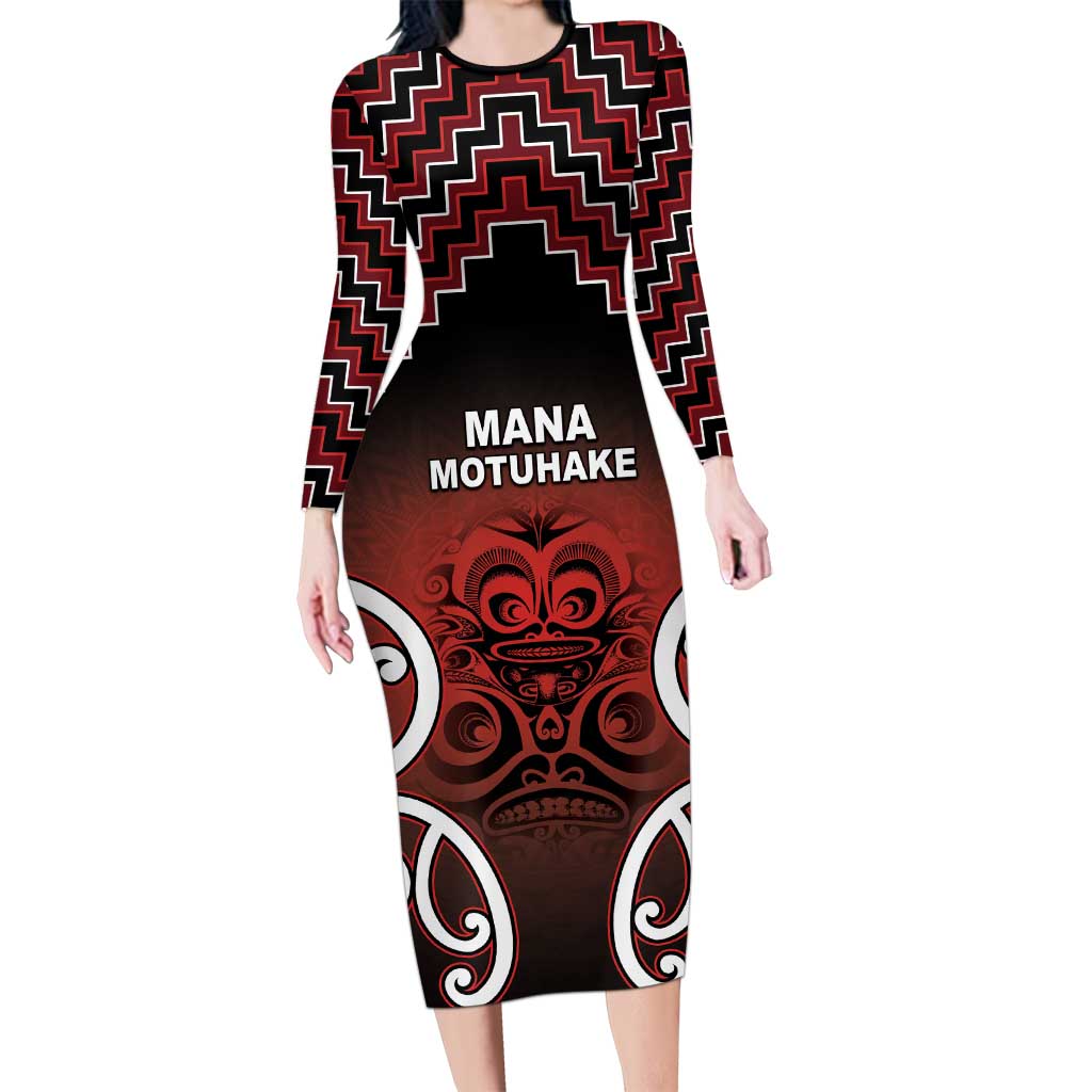 Personalised Aotearoa Mana Motuhake Family Matching Long Sleeve Bodycon Dress and Hawaiian Shirt Poutama With Maori Pattern LT05 Mom's Dress Red - Polynesian Pride