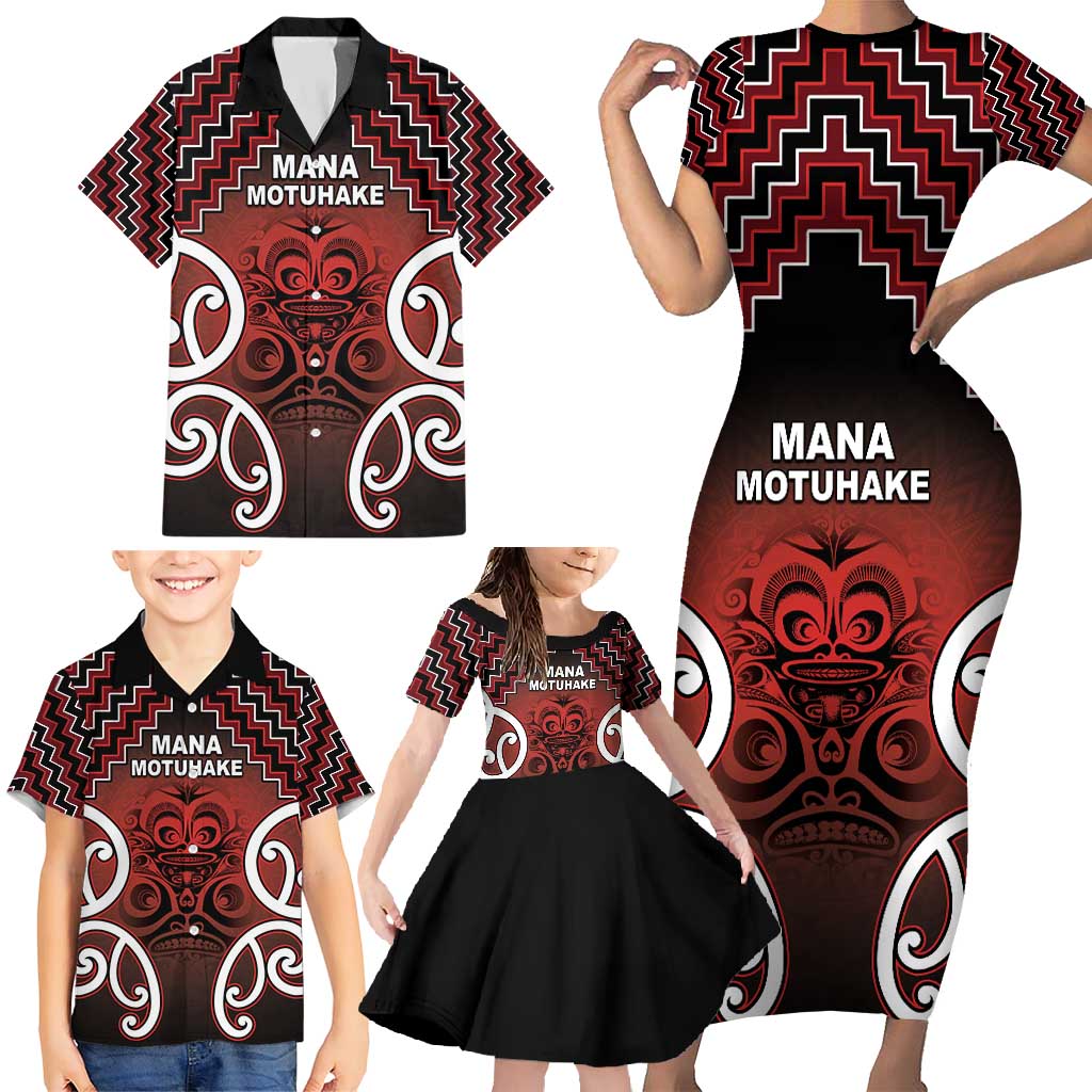 Personalised Aotearoa Mana Motuhake Family Matching Short Sleeve Bodycon Dress and Hawaiian Shirt Poutama With Maori Pattern - Polynesian Pride