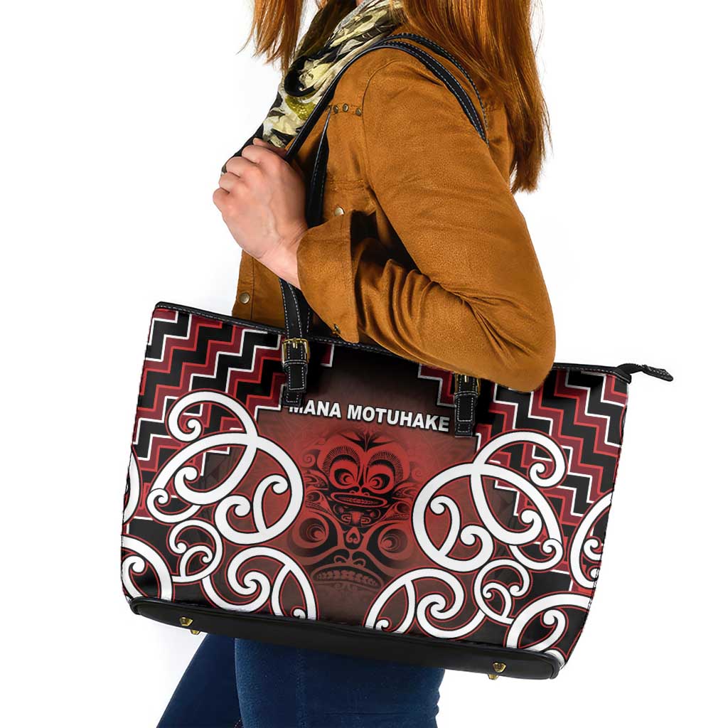 Aotearoa Mana Motuhake Leather Tote Bag Poutama With Maori Pattern - Polynesian Pride