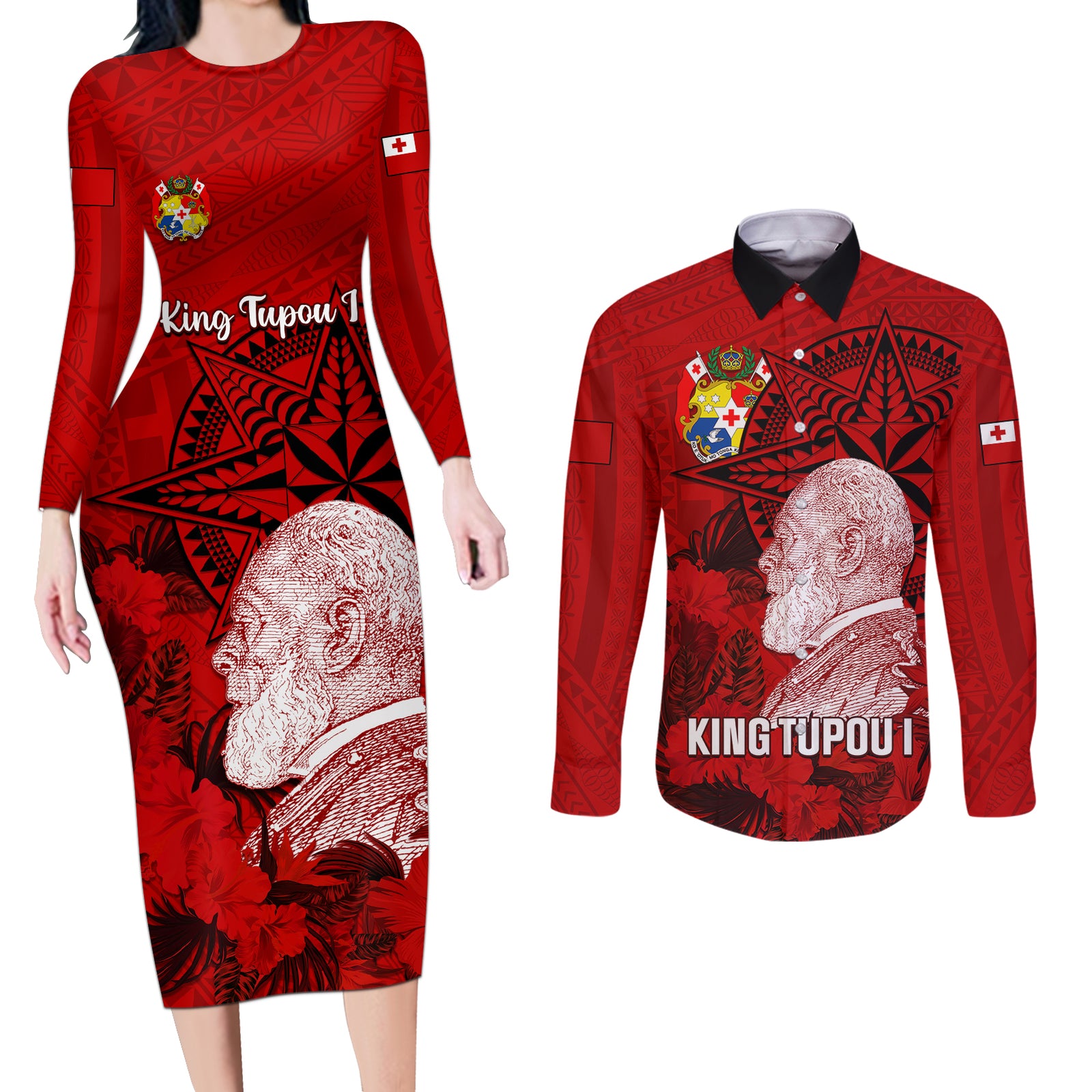 tonga-king-tupou-i-day-couples-matching-long-sleeve-bodycon-dress-and-long-sleeve-button-shirts-tropical-flowers-with-ngatu-pattern