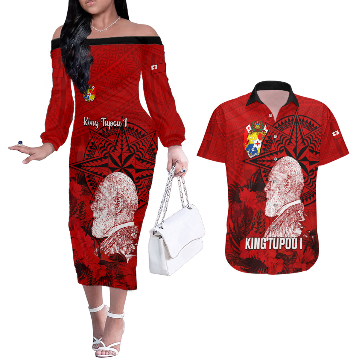tonga-king-tupou-i-day-couples-matching-off-the-shoulder-long-sleeve-dress-and-hawaiian-shirt-tropical-flowers-with-ngatu-pattern