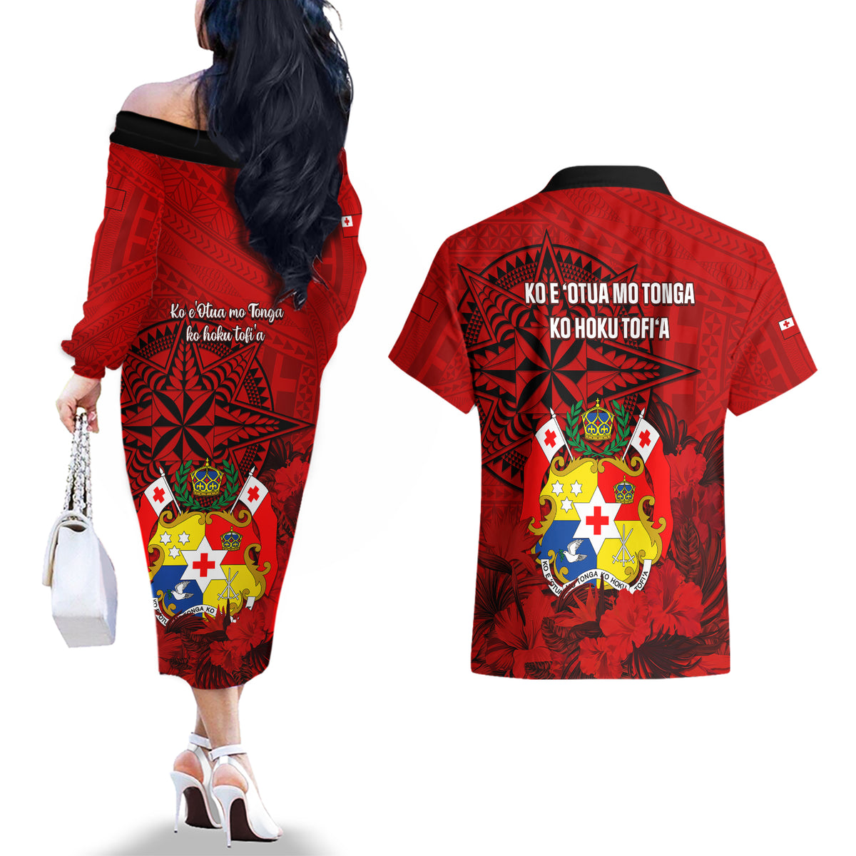 tonga-king-tupou-i-day-couples-matching-off-the-shoulder-long-sleeve-dress-and-hawaiian-shirt-tropical-flowers-with-ngatu-pattern