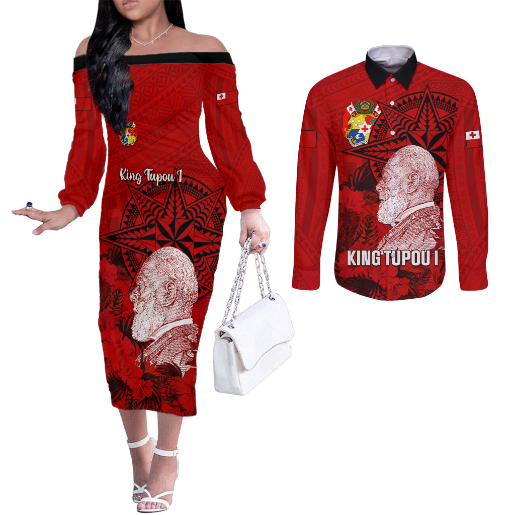 tonga-king-tupou-i-day-couples-matching-off-the-shoulder-long-sleeve-dress-and-long-sleeve-button-shirts-tropical-flowers-with-ngatu-pattern