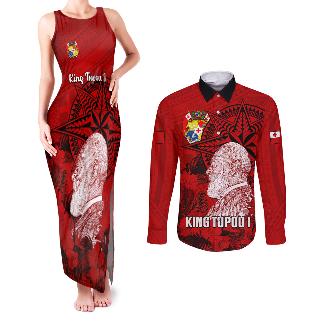 tonga-king-tupou-i-day-couples-matching-tank-maxi-dress-and-long-sleeve-button-shirts-tropical-flowers-with-ngatu-pattern