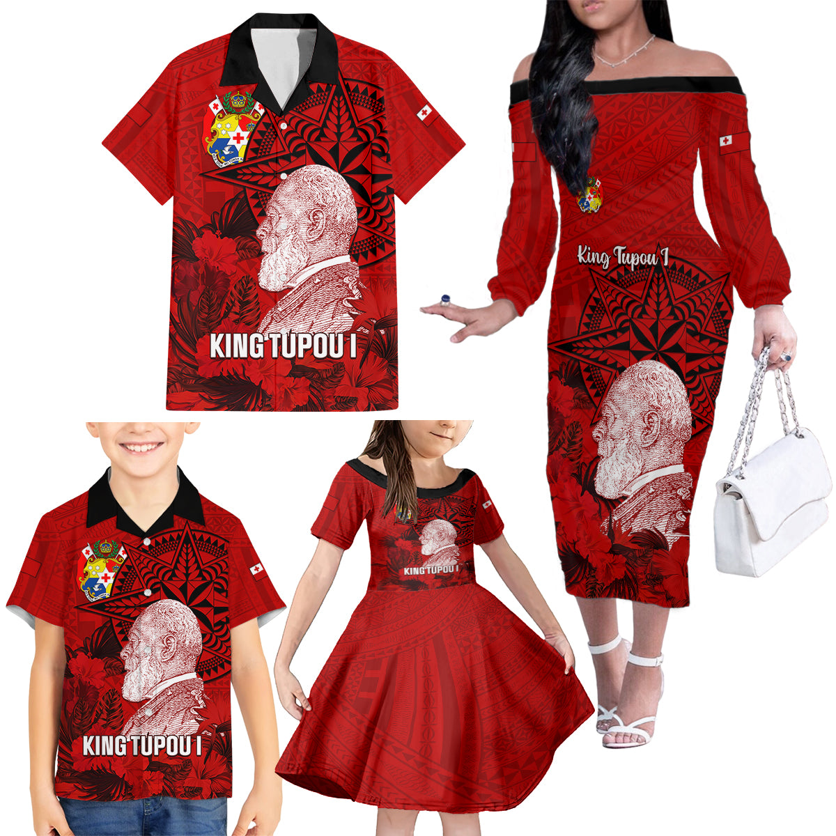 Tonga King Tupou I Day Family Matching Off Shoulder Long Sleeve Dress and Hawaiian Shirt Tropical Flowers With Ngatu Pattern LT05 - Polynesian Pride