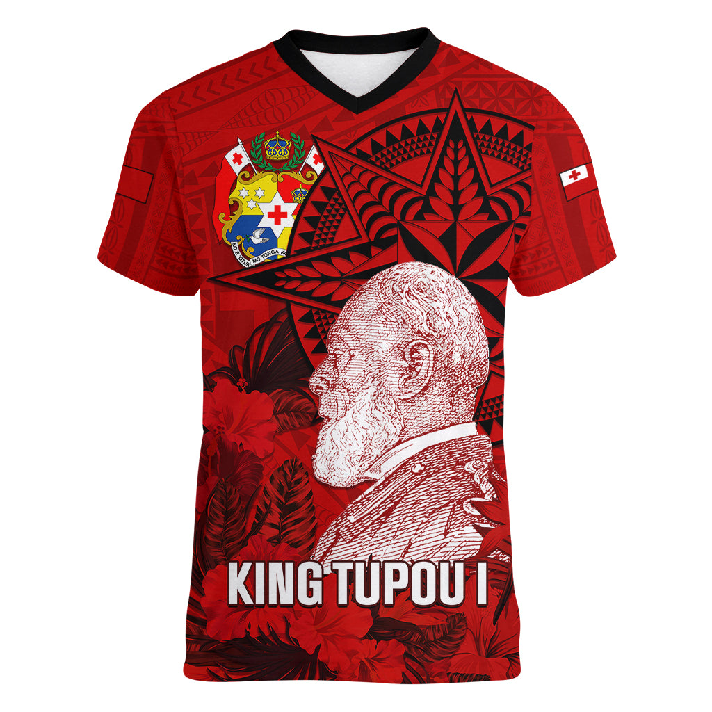 tonga-king-tupou-i-day-women-v-neck-t-shirt-tropical-flowers-with-ngatu-pattern
