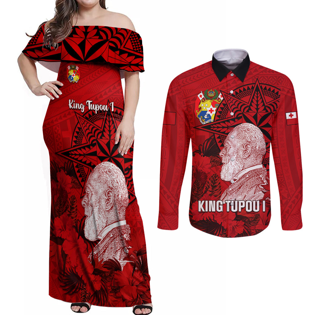 personalized-tonga-king-tupou-i-day-couples-matching-off-shoulder-maxi-dress-and-long-sleeve-button-shirts-tropical-flowers-with-ngatu-pattern