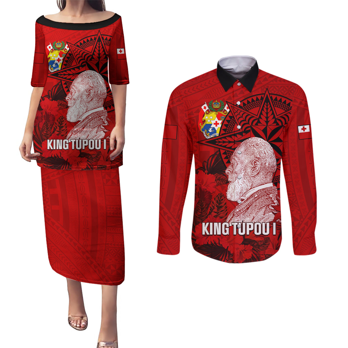 personalized-tonga-king-tupou-i-day-couples-matching-puletasi-dress-and-long-sleeve-button-shirts-tropical-flowers-with-ngatu-pattern