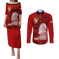 personalized-tonga-king-tupou-i-day-couples-matching-puletasi-dress-and-long-sleeve-button-shirts-tropical-flowers-with-ngatu-pattern