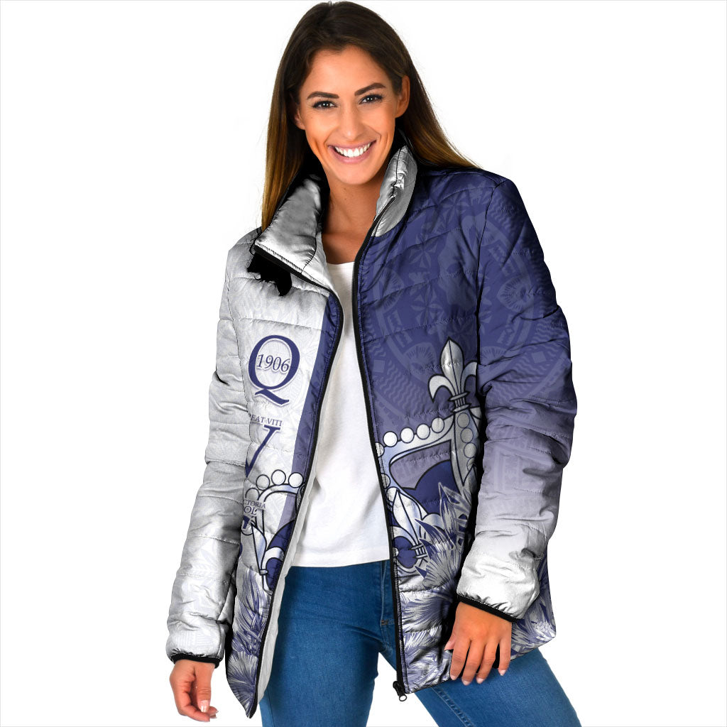 Personalised Fiji Queen Victoria School 1906 Padded Jacket Floreat Viti LT05 Women Navy - Polynesian Pride