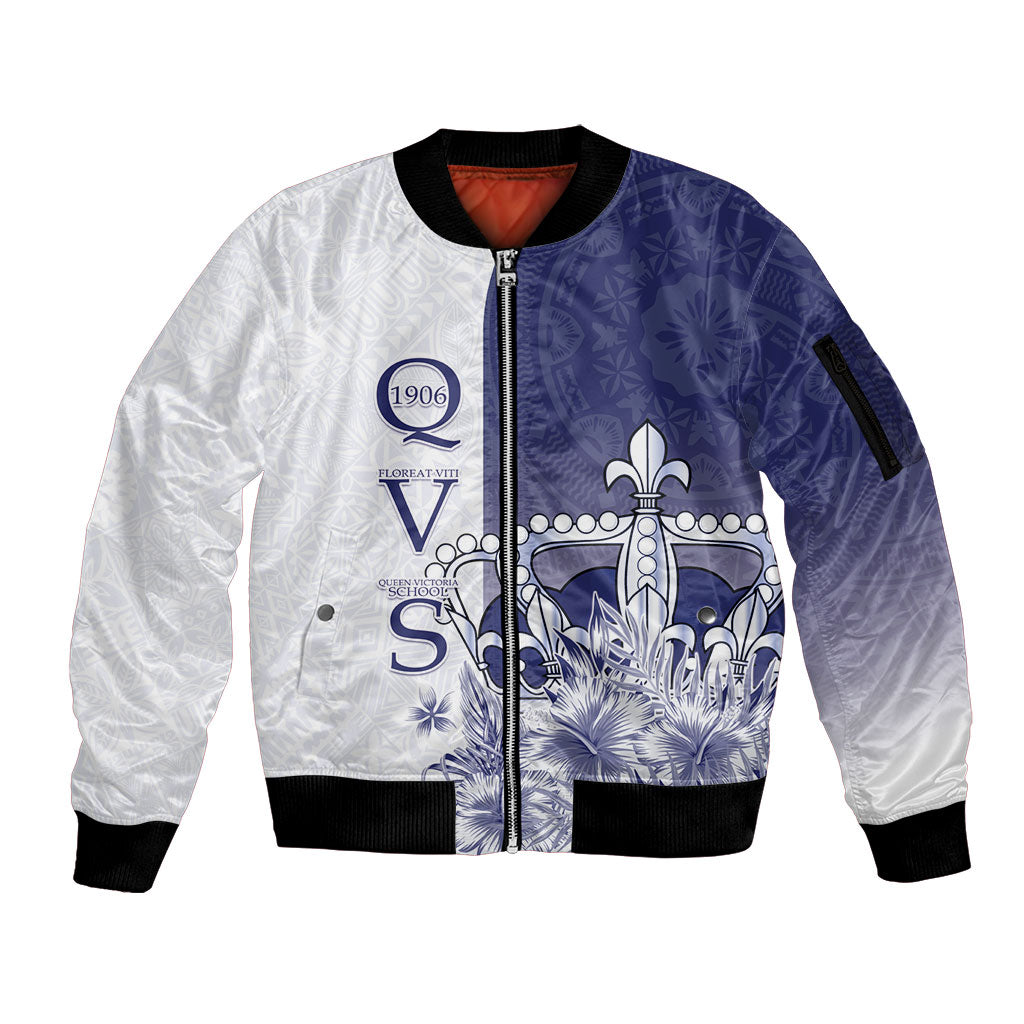 Personalised Fiji Queen Victoria School 1906 Sleeve Zip Bomber Jacket Floreat Viti LT05 Unisex Navy - Polynesian Pride