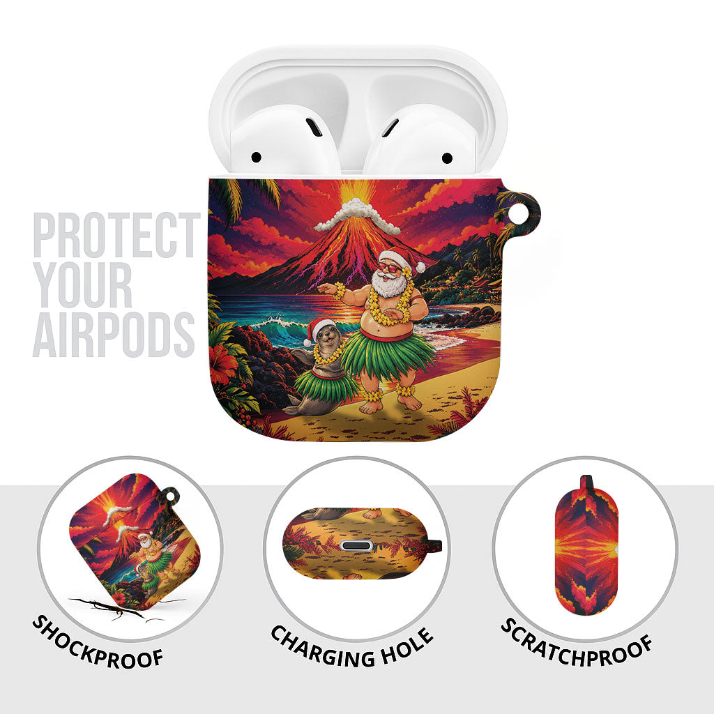 Hawaii Volcano Christmas AirPods Case Hula Santa And Monk Seal LT05 - Polynesian Pride