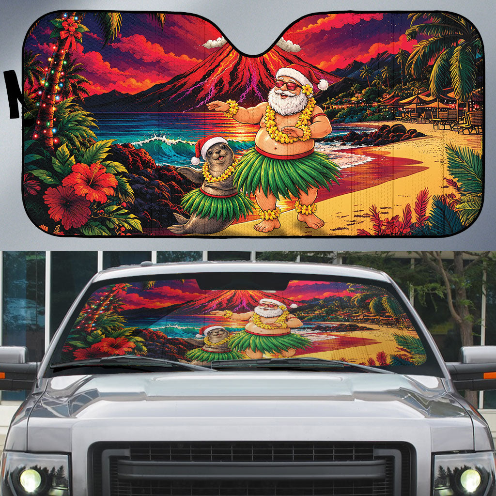 Hawaii Volcano Christmas Auto Sun Shade Hula Santa And Monk Seal LT05 Multicolor - Polynesian Pride