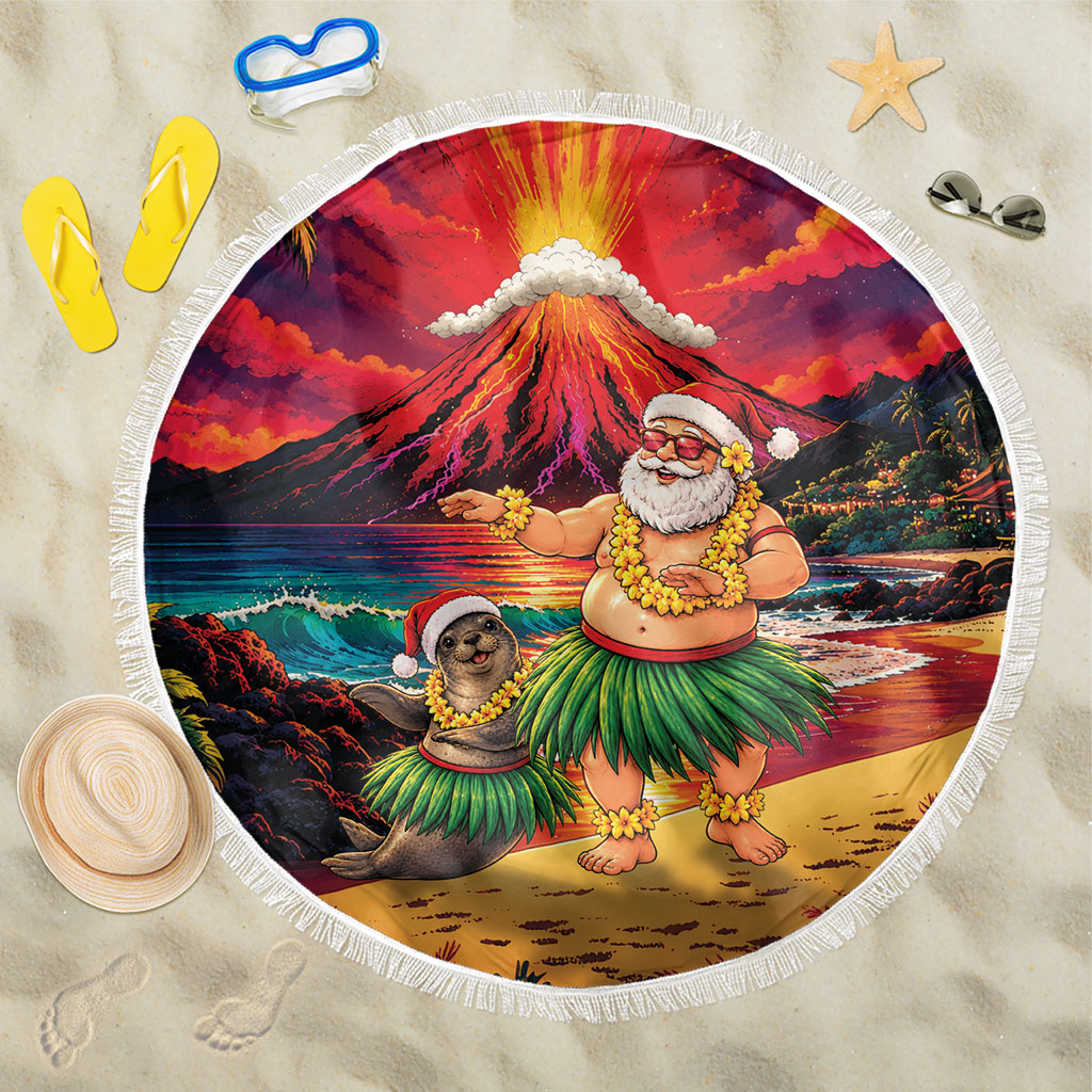 Hawaii Volcano Christmas Beach Blanket Hula Santa And Monk Seal