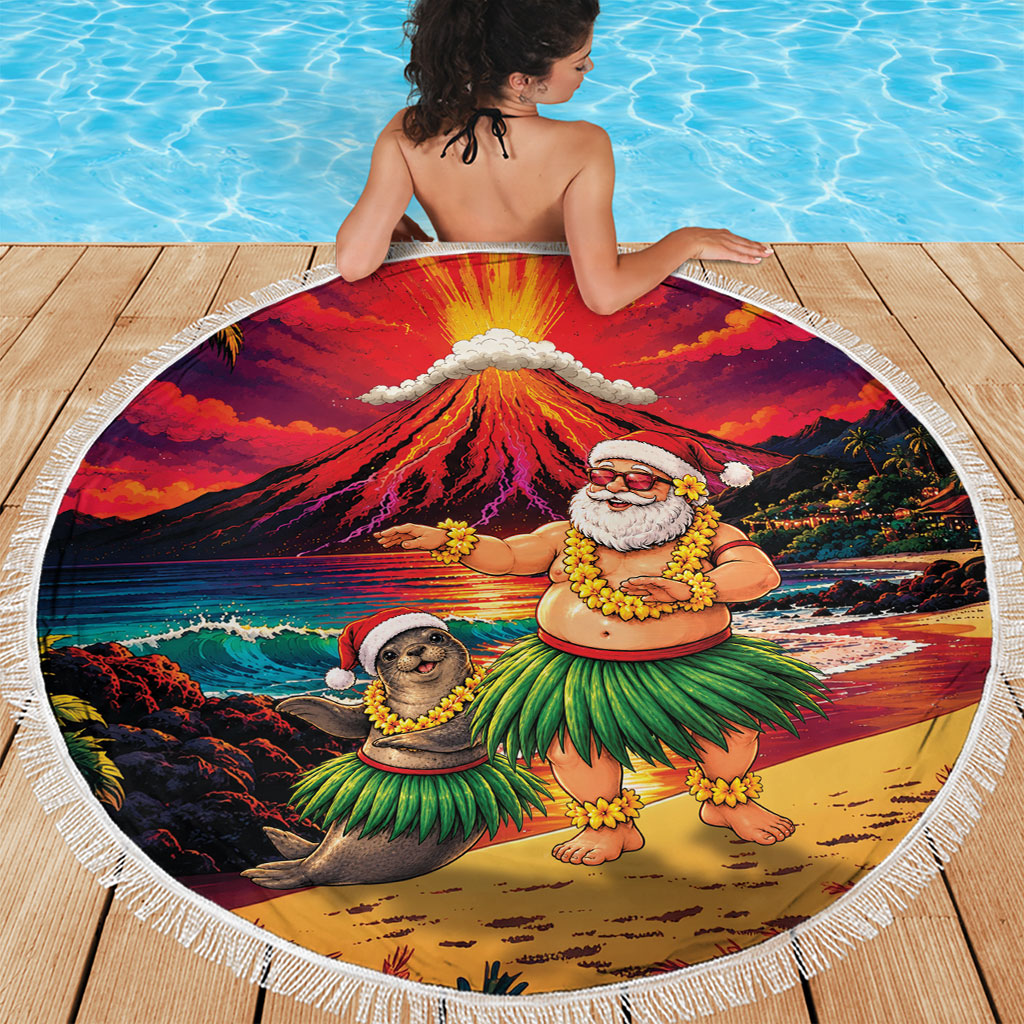 Hawaii Volcano Christmas Beach Blanket Hula Santa And Monk Seal